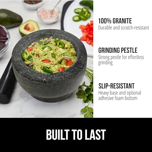 GORILLA GRIP Heavy Duty XL Mortar and Pestle Set with Slip Resistant Base, 4 Cup, 100% Granite Stone Molcajete Guacamole Bowl, Grind Seeds, Spices, Crush Garlic, Kitchen Muddler for Fresh Herbs, Black