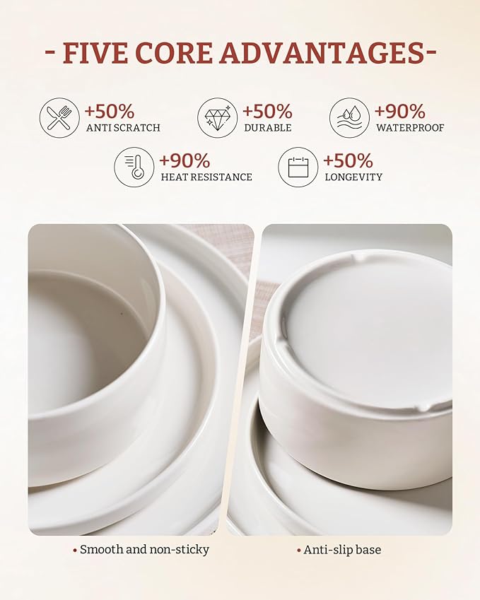 Famiware Porcelain Dinnerware Set, 24-Piece Modern Plate and Bowl Set, dish set for 8, Microwave and Dishwasher Safe Tableware, White