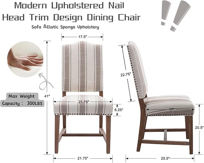 CIMOTA Mid Century Modern Dining Chairs Set of 2, Farmhouse Upholstered Dining Room Chairs Comfortable Kitchen Side Chairs with High Back/Natural Solid Wood Frame, Linen Brown/Beige Stripe