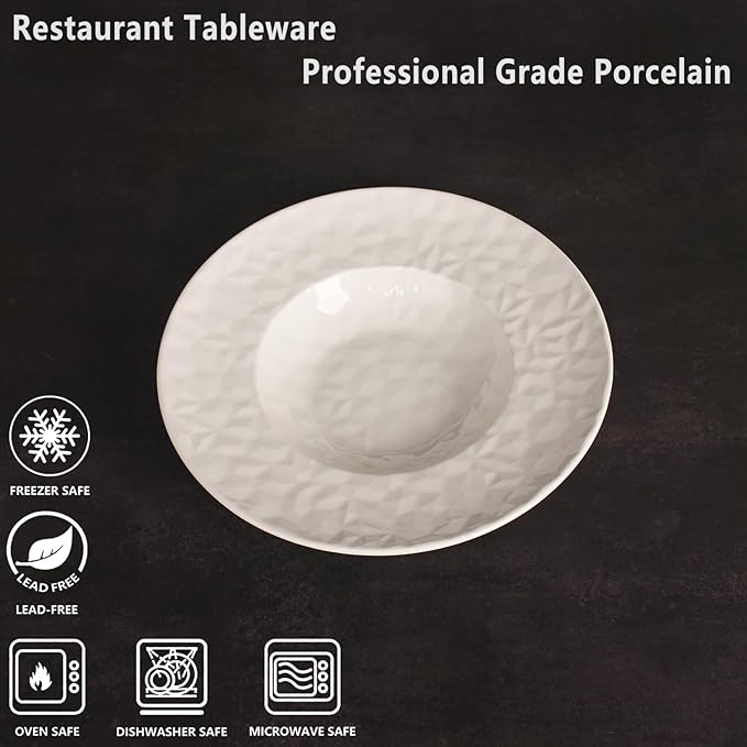 Porcelain Soup Bowls soup Plate Pasta Bowl Set of 4 Shallow Bowl Plates, 9.8 oz Rimmed Bowls with Rim, Microwave ovens and refrigerators safe Gemstone 10.6 Inch