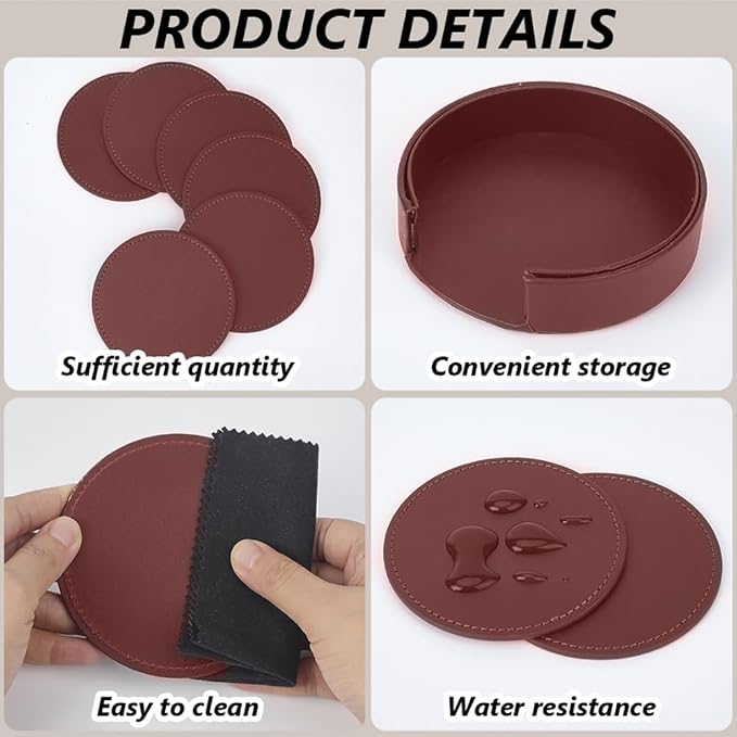 6PCS PU Leather Drink Coasters Red Round Table Coasters - Image 5
