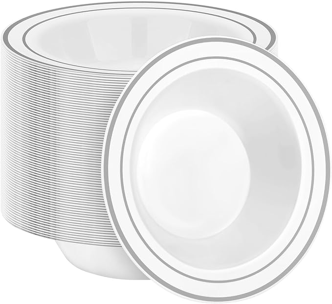 BESTSTAR 100 Pack Disposable Soup Bowls with Silver Rim, 12oz Premium Heavy Duty Plastic Dinner Bowls for Party, Wedding and Holiday