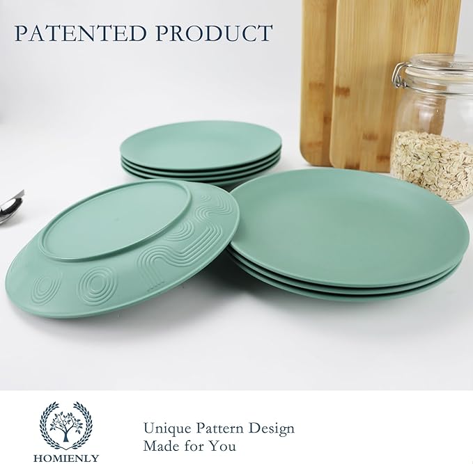 Homienly Flat Dinner Plates Set of 8 Alternative for Plastic Plates Microwave and Dishwasher Safe Wheat Straw Plates for Kitchen Unbreakable Kids Plates(Green, 10 inch), MS 01