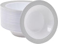 JOLLY CHEF 50 Pack Plastic Bowls with Silver Rim, 12 oz Disposable Soup Bowls, Heavy Duty Plastic Dinner Bowl for Weddings, Party, Dinners, Catering, Christmas and Everyday Use