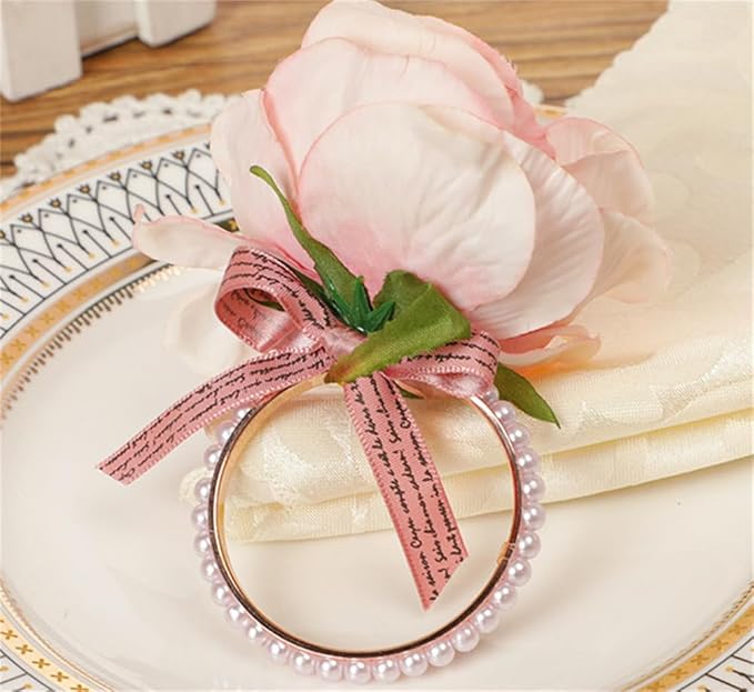 Pearl Napkin Rings Set of 6,Rustic Rose Napkin Rings Flower Dinner Napkin Holder for Table Decoration (21#Peach Pink)
