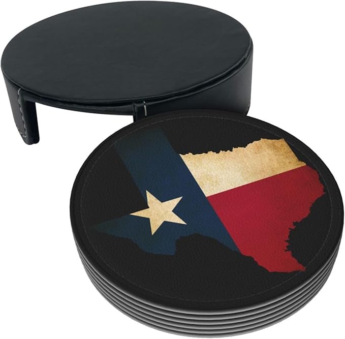 Texas Flag Coasters for Drinks with Holder Round Leather Coasters Set of 6 Cups Mugs Mat Pad for Home Kitchen Bar