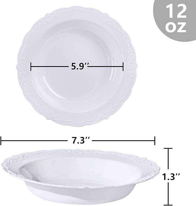 DaYammi 30 Pack White Plastic Bowls, 12oz Disposable Soup Bowls, White Soup bowls Disposable Heavy Duty Dinner Bowl for Weddings, Plastic Salad Bowl for Parties, Dinners, Catering and Everyday Use