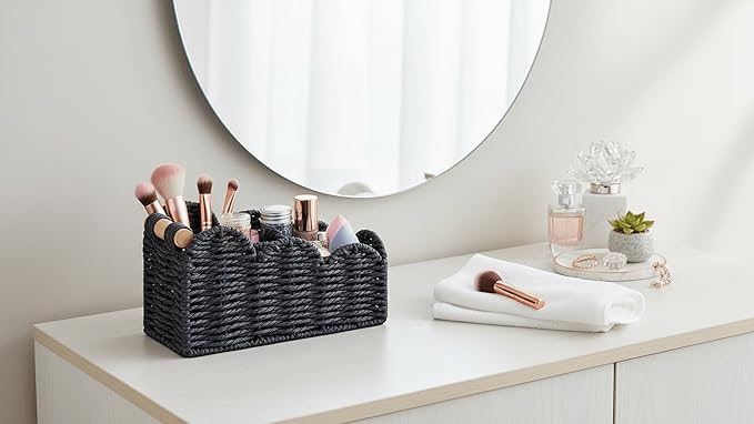 CubesLand Bedside Table Desk Organizer Caddy, Remote Pen&Pencil Holder Cup, Makeup Brush Holder w/Scalloped Perfect for Home, Office Desk, Living Room Table Decor, 3 Slots Black