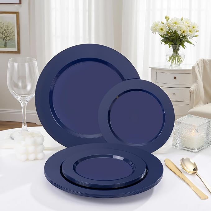 FLOWERCAT 200PCS Navy Blue Plastic Plates Disposable Plates for Party - Heavy Duty Plastic Plates - 10" &7" Plate for 100 Guests Hanukkah Parties and New Year Events