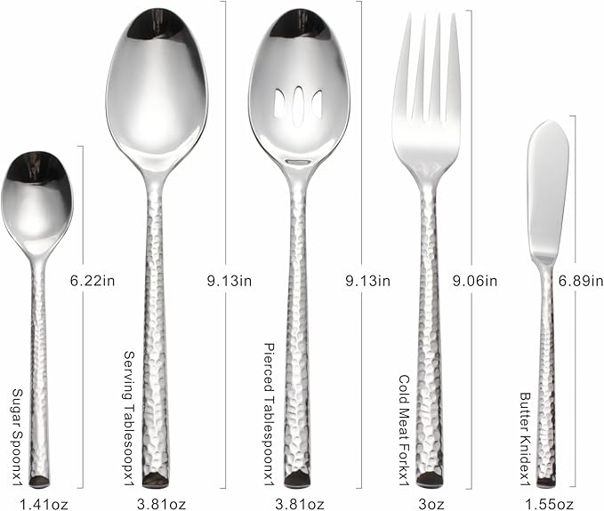 45-Piece Forged Hammered Stainless Steel Flatware Cutlery Set for 8, SXY INOX Includes 8 sets and 1 Butter Knife,1 Serving Tablespoon,1 Cold Meat Fork,1 Pierced Tablespoon,1 Suger Spoon