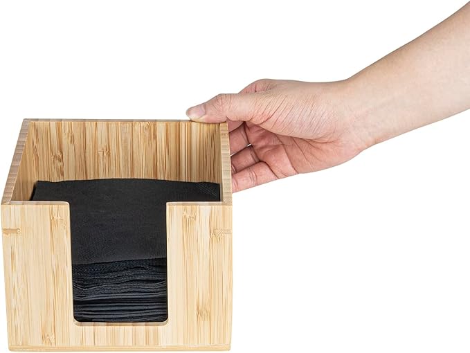 5.5 x 4 Inch Cocktail Napkin Holder, 1 Square Flat Napkin Holder - For Bars, Kitchen Tables, or Countertops, Sturdy, Natural Bamboo Tissue Napkin Holder, Dining Room Decor - Restaurantware