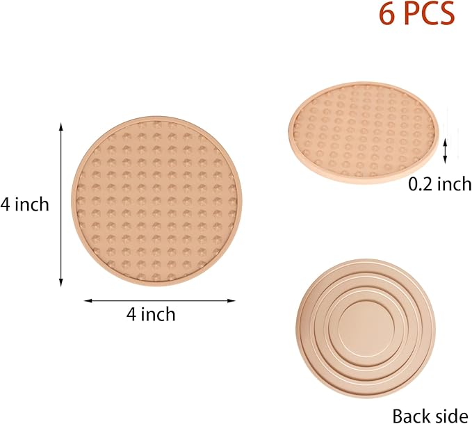 Set of 6 Silicone Coasters, 4'' Drink Coaster with Holder, Round Coasters for Drinks Beer Coffee Home Office Bar Desk Tabletop Protection, Non-Slip Rubber Coaster (Pink, 6 Pcs-Metal Holder)