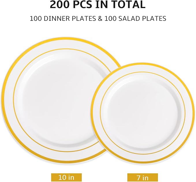 AOZITA 200PCS Gold Plastic Plates Set, Heavy Duty Disposable Plates - Image 2