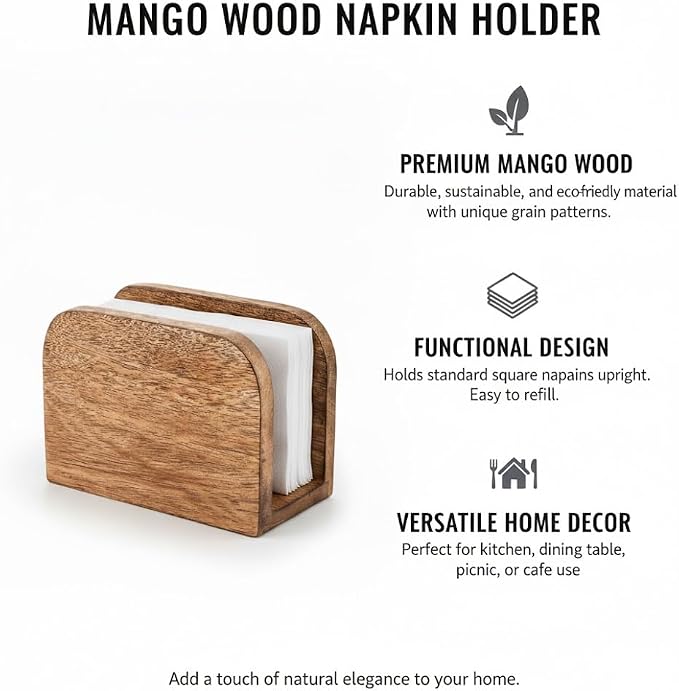 Wood Napkin Holder for Table, Mango Wooden Upright Napkin Dispenser Stand for - Image 4