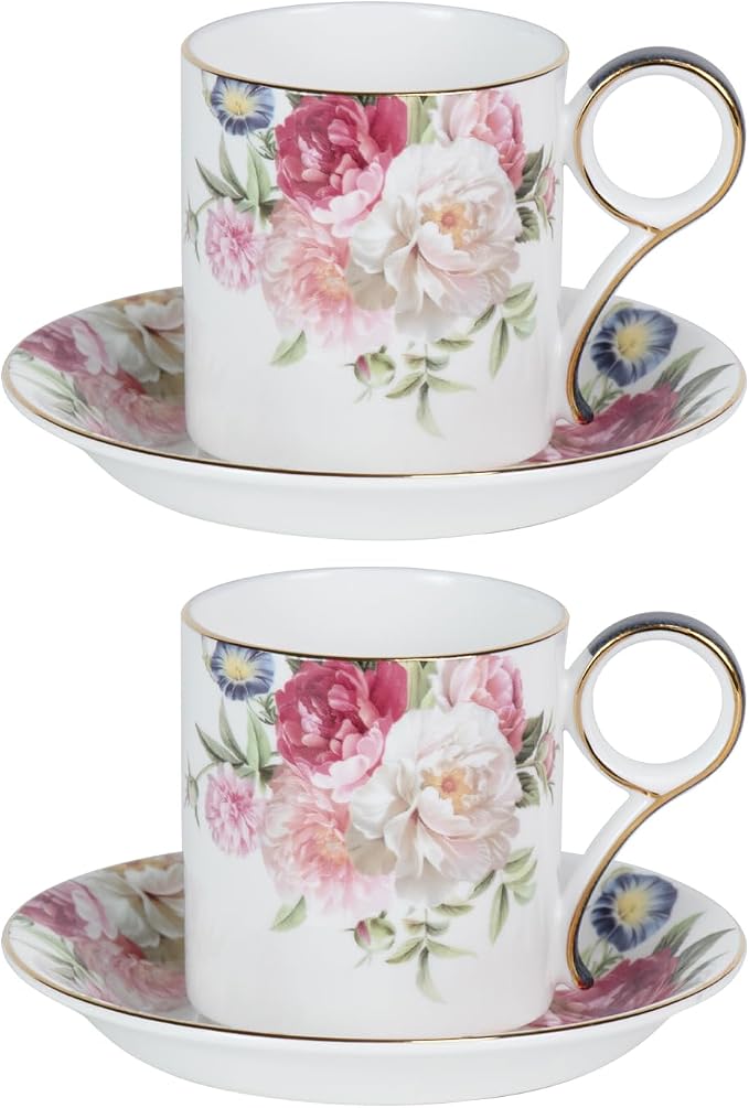 KAMMAK Tea Cups and Saucers Set of 2, Porcelain Coffee Cups, JBE014 | Stackable by KAMMAK