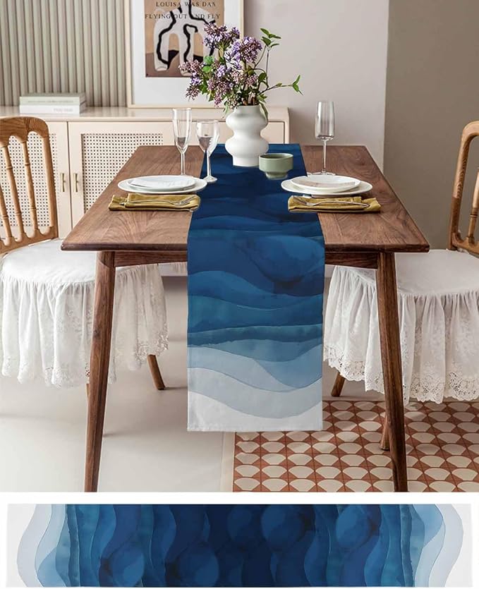 Navy Blue Ombre Table Runners 90 Inches Long, Abstract Modern Stripe Table - Image 6