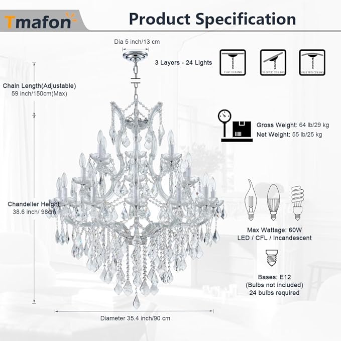 Large High Ceiling Modern Chandeliers - 24 Lights, 3 Layers Crystal Chandelier Light Fixtures for Lobby, Foyer, Entrance Hall, Staircase