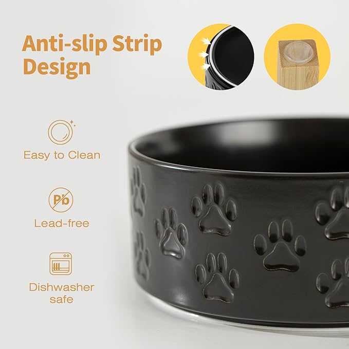 Elevated Ceramic Dog Bowl Set, 5.1" Dog Bowls with Dual Fixed Heights Stand, 1.6 Cup Food & Water Bowls for Toy Breed, Adult Cat, Small-Breed Puppy (Double Bowls + Stand - Black, 5.1 inch)