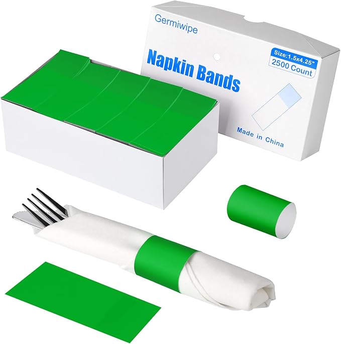 Germiwipe 2500 Pcs Green Napkin Bands,Paper Napkin Rings Self-Adhesive,Silverware Wraps Bands, Perfect for Birthday Parties, Weddings, Family Reunion & Events