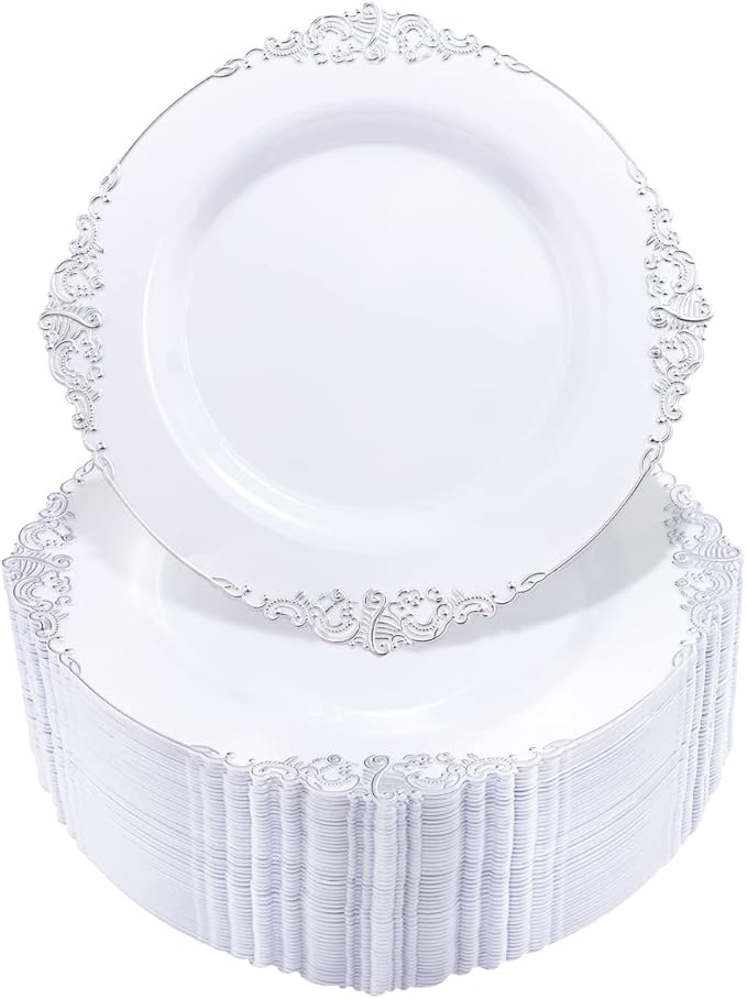 Hioasis 100pcs White Silver Plastic Plates for Party - 7.5" Dessert Plates Disposable, Heavy -duty, Classy and Elegant for Wedding