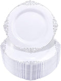 Hioasis 100pcs White Silver Plastic Plates for Party - 7.5" Dessert Plates Disposable, Heavy -duty, Classy and Elegant for Wedding