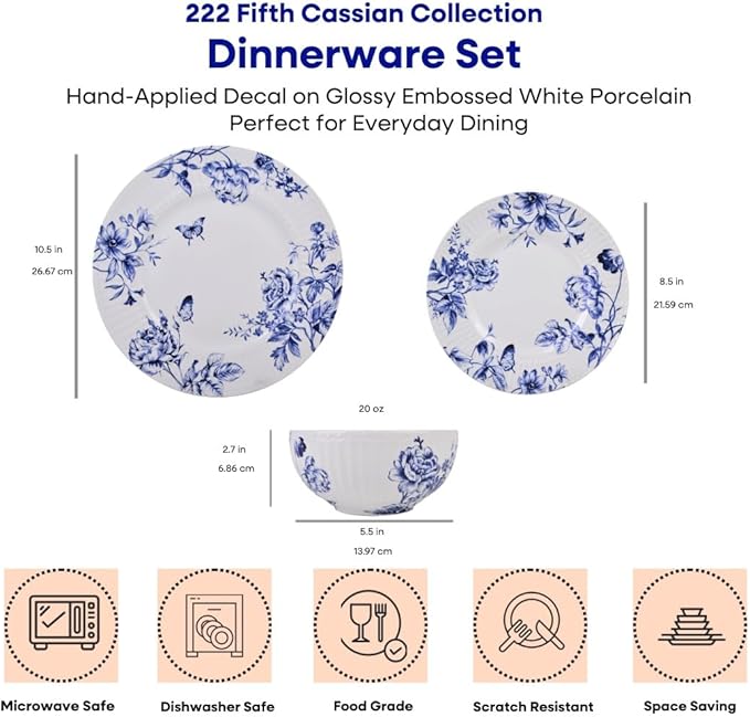 222 Fifth 12-Piece Porcelain Dinnerware Set for 4, White & Blue Plates and Bowls Set, Glossy Ceramic Dish Set with Embossed Toile Pattern, Elegant Kitchen Dishes, Microwave & Dishwasher Safe, Cassian
