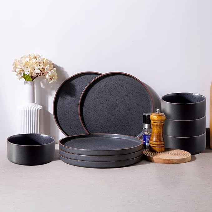 LERATIO Ceramic Dinnerware Sets of 4, High Edge Stoneware Plates and Bowls Set, Chip and Crack Resistant | Oven & Dishwasher & Microwave Safe Dishes Set, Service for 4 -Ashen