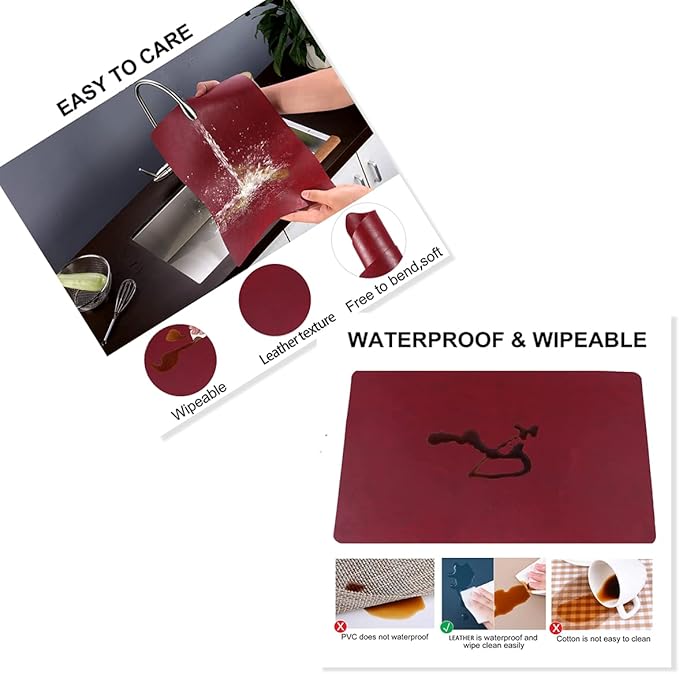 Faux Leather Eco-Friendly Kitchen Placemats with Rounded Corners Set of 4,Washable&Wipeable Place Mats,Waterproof&Stain Resistant Table Mats,Heat-Resistant,Non-Slip(Red,4)