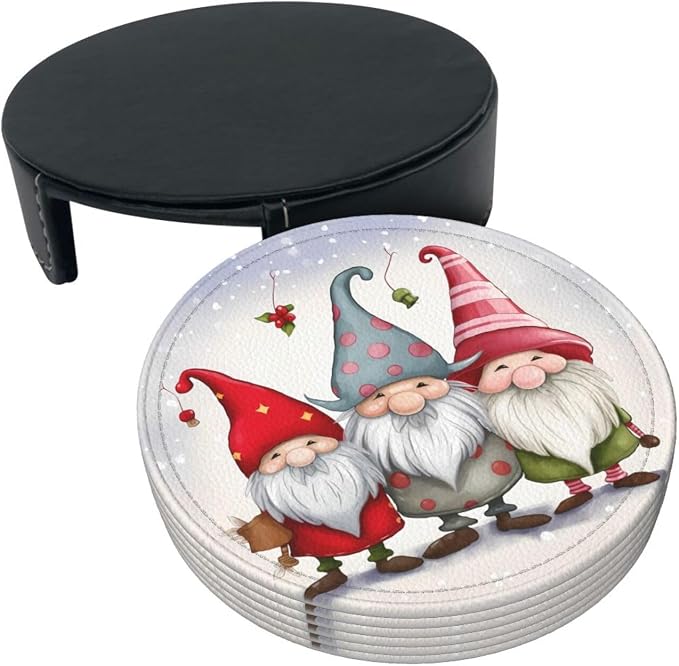 Christmas Three Gnomes Leather Coasters Set of 6 - Image 8
