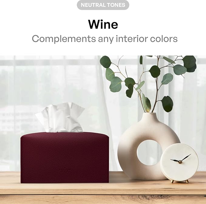 Carrotez Tissue Box Cover, [Refined] Modern PU Leather Rectangular Tissue Box Holder - Decorative Holder/Organizer for Bathroom Vanity Countertop, Night Stands, Office Desk 9.5"X5"X5" - Wine