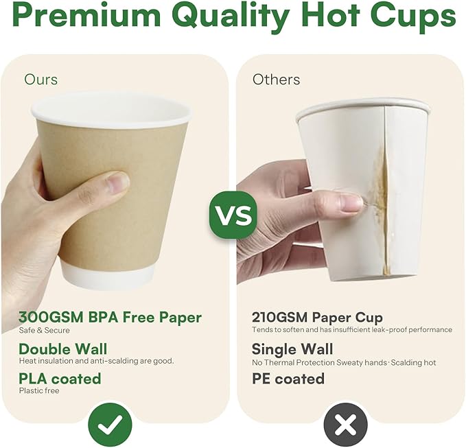 12 oz Hot Cups Compostable Coffee Cups -120 Pack Double Wall Paper Cups, BPI Certified PLA Coated Compostable Cups, Natural Kraft To-go Disposable Coffee Cups for Office Coffee Bar To Go Travel