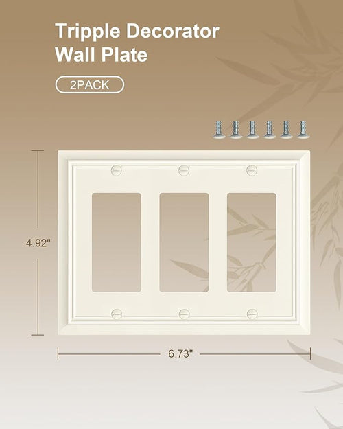 2-Pack Decorative Tripple Decorator Outlet Cover Plate, Durable Natural Bamboo Fiber Light Almond Wall Plate for Electrical Outlets, Receptacle, GFCI Outlet, Dimmer Switch, 3-Gang, Corrosion Resistant