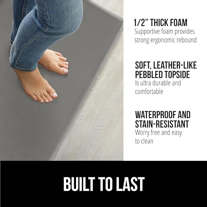 GORILLA GRIP 2 Pack Comfortable Cushioned Kitchen Mats for Floor, 17x29 + 17x59, Waterproof and Stain Resistant, 1/2 Inch Thick Soft Ergonomic Standing Desk Anti Fatigue Mat, Foam Supports Feet, Gray