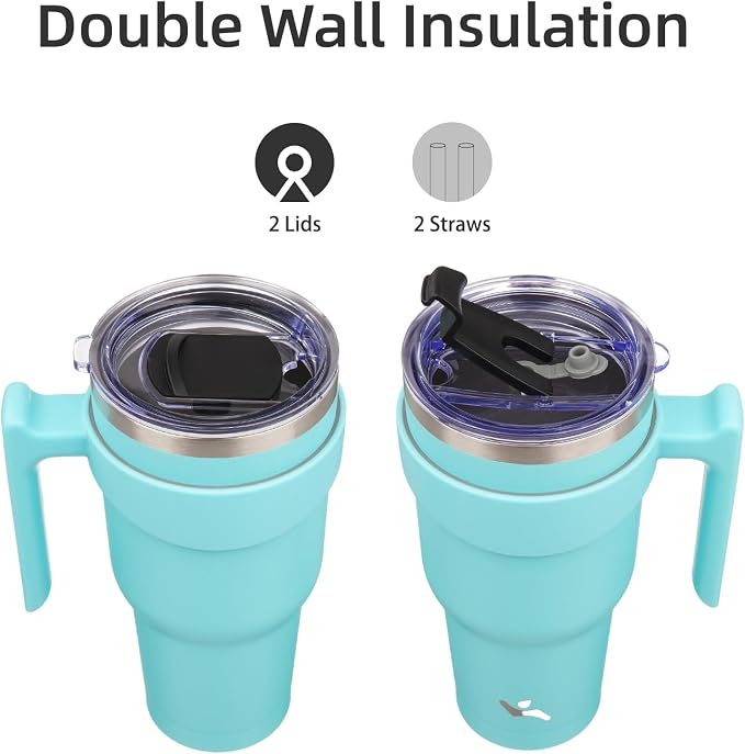 Konokyo 30 oz Tumbler with Handle and Straw, Insulated Travel Mug | Turquoise; - Image 3