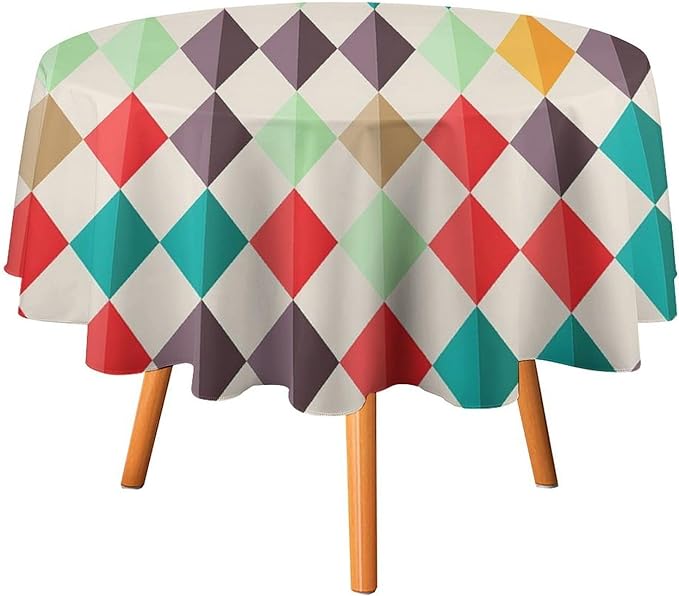 Abstract Geometric Round Tablecloth, Modern Mid Century Background Mid Century Colorful Print Pattern Tablecloth for Home Party Dining Room Kitchen Decor 60Inch(152cm)