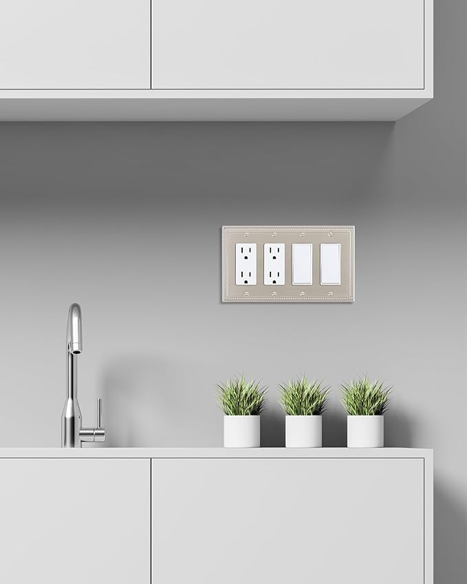 2-Pack Quad Decorator Outlet Cover Plate, Pearls Decorative Switch Plates and Outlet Covers, 4 Gang Brushed Nickel Metal Wall Plates, Corrosion Resistant