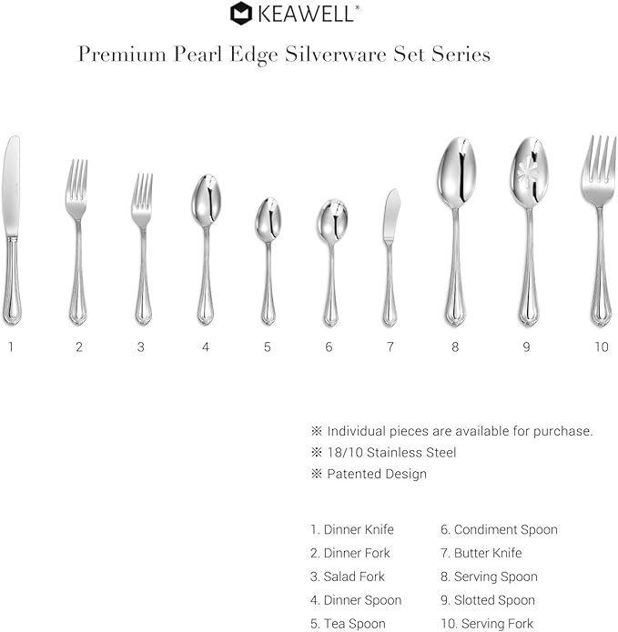 KEAWELL Pearl Edge Premium 45-Piece Refined Bead Silverware Set, 18/10 Stainless Steel, Service for 8, Fine Flatware Set with Serving Utensils, Dishwasher Safe (45, Silver)