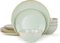 Famiware Jupiter Dinnerware Set, Plates and Bowls Dish Sets for 4 (12 Pieces), Speckled Stoneware Tableware wtih Trim - Microwave and Dishwasher Safe, Chip and Scratch Resistant, Light Green