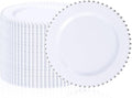 100Pcs White Plastic Dinner Plates Beaded Silver Plastic Plate Set | Heavy Duty by supernal
