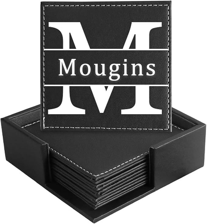 Personalized Coasters, Custom Set of 6 Leather Coaster by Mougins