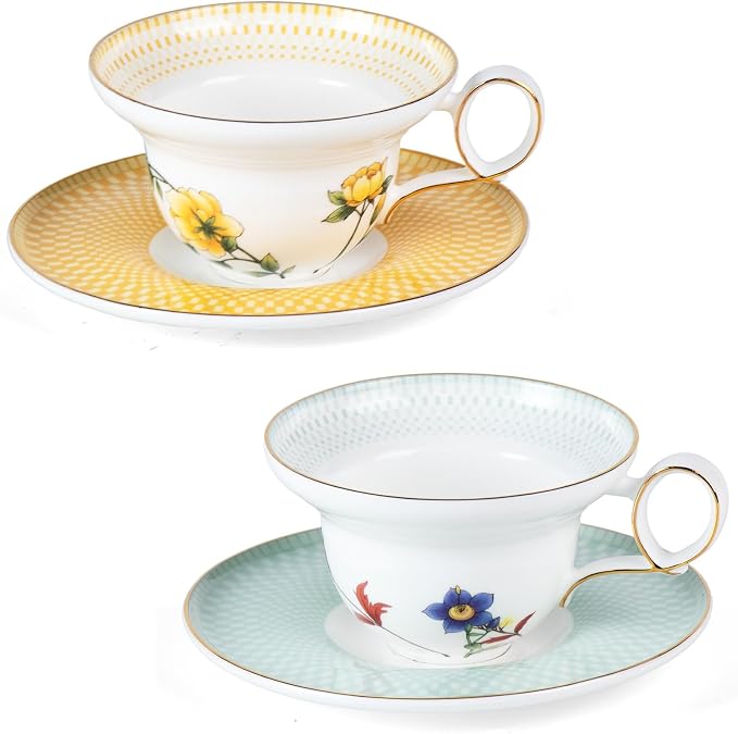 KAMMAK Tea Cups Set of 2, Ceramic Floral Pattern Demitasse Cup | Porcelain by KAMMAK
