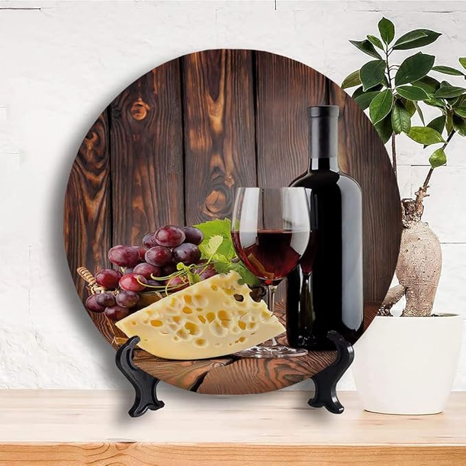 Ceramic Plates, Wine Decorative Ceramic Plates, Red Wine Cabernet Bottle and Glass Cheese and, 8 Inch, Household Plates Decorative, Brown Burgundy Cream