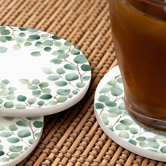 Eucalyptus Round Leaf Coasters Set for Wood Table Green Branches and Leaves Twig Natural Plant Foliage Tabletop Protection Mat for Mugs and Cups 4 Inch for Kitchen Office Home