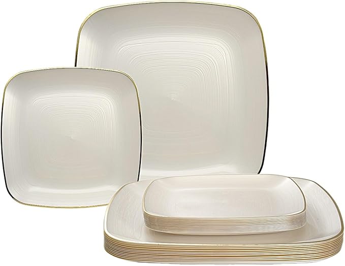 " OCCASIONS " 120 Pieces Pack,(60 Guests) Premium Wedding Party Disposable Plastic Plates Set -60 x 10'' Dinner + 60 x 7'' Salad/Dessert (Belize Square in Ivory & Gold)