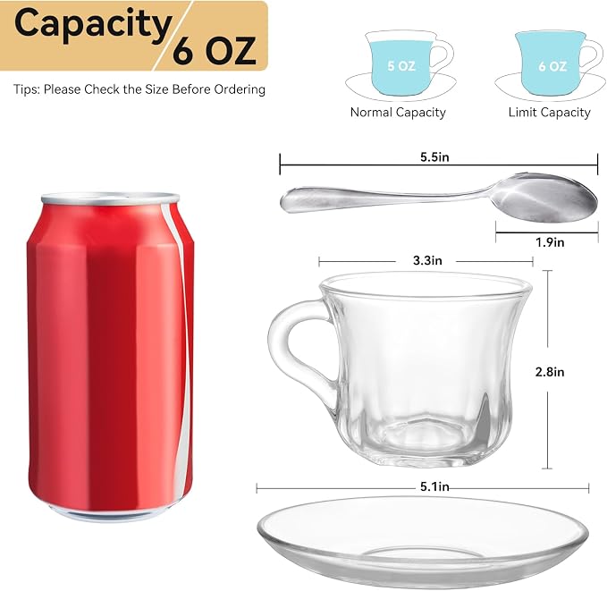 Glass Tea Cups and Saucers Set of 6, Dishwasher & Microwave Safe Teacups - Image 2