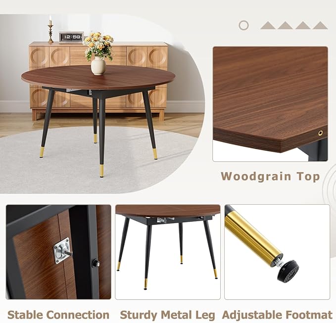 Extendable Dining Room Table｜53” Round Dining Table for 4-6｜Walnut Wooden Tabletop with Metal Legs｜Stable and Sturdy｜Easy Transform｜Easy Assembly｜Space Saving｜for Kitchen, Living Room