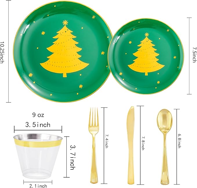 WDF 150pcs Christmas Plates Plastic Disposable - 25 Guests Green Plates with Gold Tree, Clear Gold Cups, Perfect for Christmas Parties
