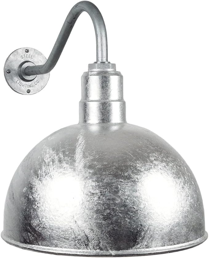 Steel Lighting Co. Hollywood Bowl Light | Outdoor Wall Mounted | 15 inch Bowl Dome | 16 inch Gooseneck | Barn Light Made in America | Galvanized Exterior/Galvanized Interior