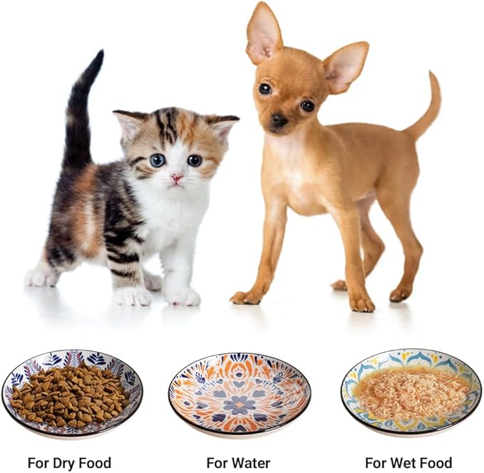 Non-Slip Cat Bowls, Ceramic Wide Pet Food Bowl Set for Relief Whisker Fatigue, 3 Pack Colorful Kitten Feeding Dishes Plates with Anti-Slip Silicone Base-Microwave and Dishwasher Safe, 8.5 oz