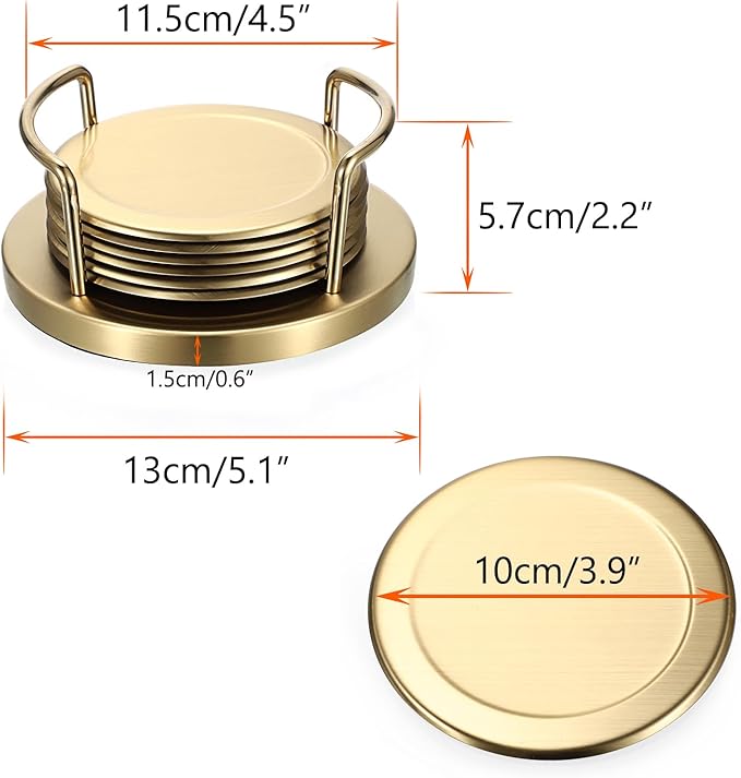 JUXYES Set of 6 Stainless Steel Round Coasters with Holder & Sponge Bottom, Golden Metal Cup Coasters Set Stunning Cool Coaster Cups Mats Decor for Restaurant Kitchen bar Dining Table